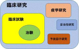 臨床研究における4つの分類、「臨床試験」「疫学研究」「妥当性研究」「予後因子研究」の関係を図で表しています。